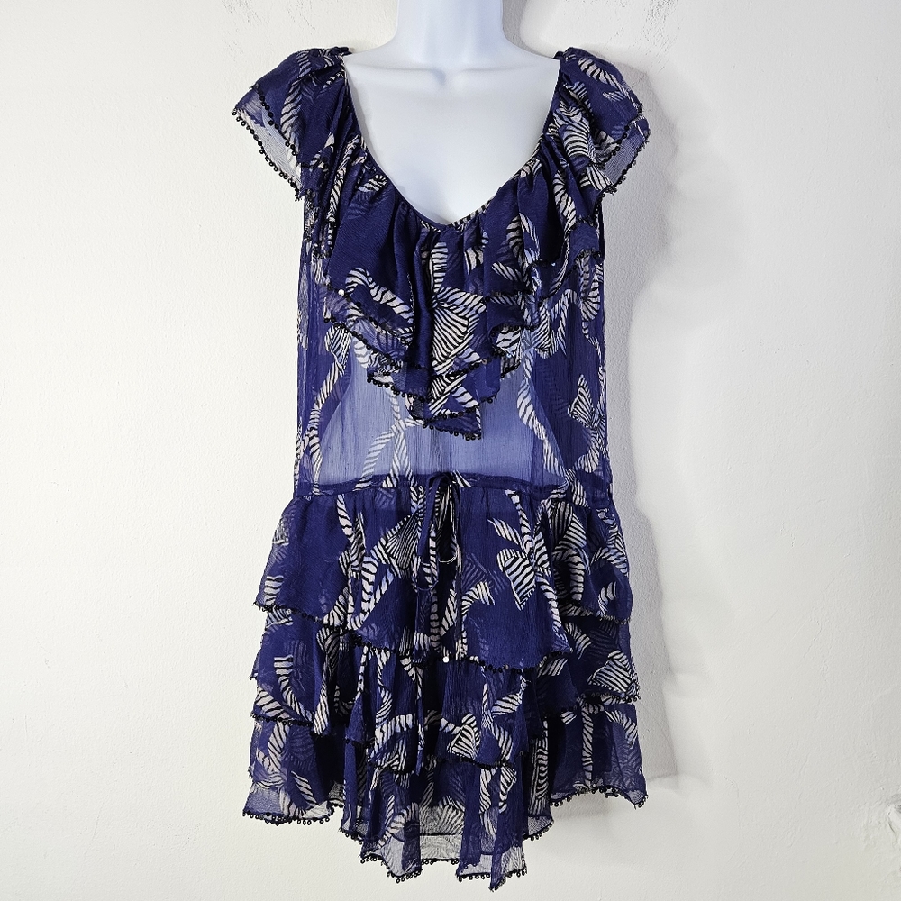 Rebecca Taylor Bow Print Ruffle Sequins Dress Sheer Size 8